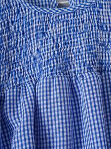 SHEIN LUNE 全新法式设计复古甜美短袖格子修身宽松休闲复古黑白格子女式衬衫 - 藍色 - 查看 4