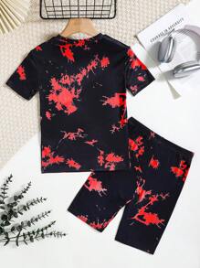SHEIN 2pcs Tween Boy Cartoon Print Crew Neck Short Sleeve T-Shirt And Shorts Soft Comfortable Loungewear Sleepwear Set