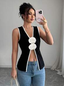 Elenzga Women's Fashion Floral Decor Slit Hem Tank Top - Black and White - View 1