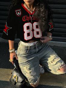 SHEIN EZwear Women V-Neck Loose Cropped 5/8 Sleeve Mesh T-Shirt, Suitable For Summer Sports, With Chicago, Number 88, And Star Prints,Vintage Back To School Chic - Multicolor - View 4