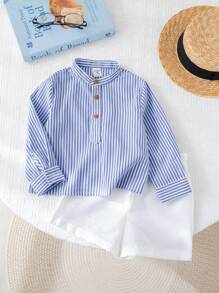 SHEIN 2pcs/Set Baby Boy Casual Striped Long Sleeve Shirt And Shorts Set, Suitable For Spring And Summer, Fit For Birthday Party, Evening Party, Wedding, Baby Shower, 1st Birthday Party - Multicolor - View 4