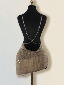 SHEIN ICON 性感低胸水钻装饰露背交叉开衩迷你连衣裙 - 金色 - 查看 2