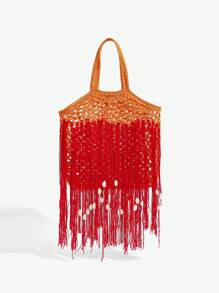 SHEIN SXY Quý cô, Túi xách tay nữ, Túi móc, Tua rua, Vỏ sò, Rỗng, Thời trang, Thanh lịch, Đơn giản, Cá nhân hóa, Đa năng, Dành cho bãi biển, Kỳ nghỉ, Ngày lễ, Mùa hè, Bên bờ biển - trái cam - Xem 1