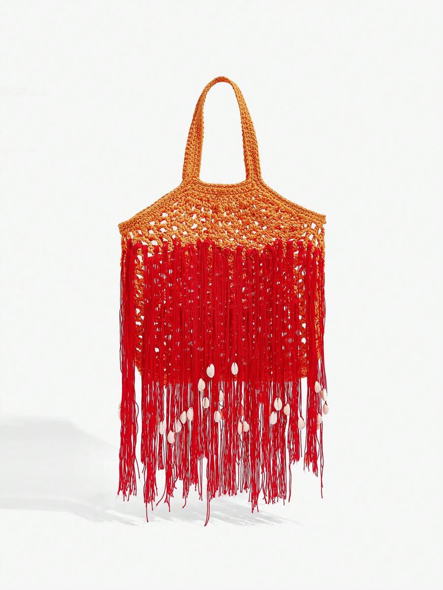 SHEIN SXY Quý cô, Túi xách tay nữ, Túi móc, Tua rua, Vỏ sò, Rỗng, Thời trang, Thanh lịch, Đơn giản, Cá nhân hóa, Đa năng, Dành cho bãi biển, Kỳ nghỉ, Ngày lễ, Mùa hè, Bên bờ biển - trái cam - Xem 1