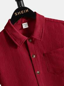 SHEIN Tween Boys Minimalist Solid Color Pocket Single Breasted Short Sleeve Shirt - Red - View 3