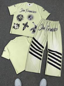 Manfinity EMRG 男士时尚T恤和短裤套装，适合夏季男士服装套装男士夏季服装套装男士2件套 - 黃色 - 查看 3