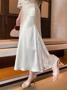 DAZY Lace Patchwork Elegant Fish Tail Hem Women's Skirt - Beige - View 7