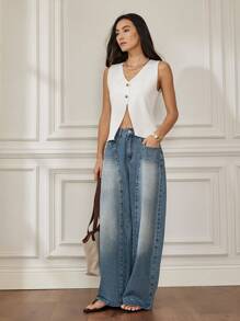 Dazy-Less Jeans dritti lavati e consumati per donne, jeans larghi