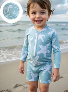 Baby Boy Starfish Printed Raglan Sleeve Rash Guard And Shorts Swimming Trunks Set - Multicolor - View 2
