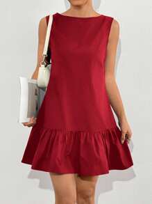 SHEIN EZwear 玫瑰红色梭织休闲棉麻迷你娃娃裙，女式直筒连衣裙 - 玫瑰紅 - 查看 3