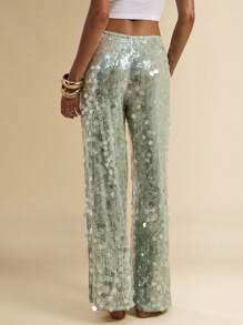 SHEIN BAE Women's Low Waist Sequin Palazzo Pants For Beach Vacation, Summer Sage Green Dress - Green - View 2