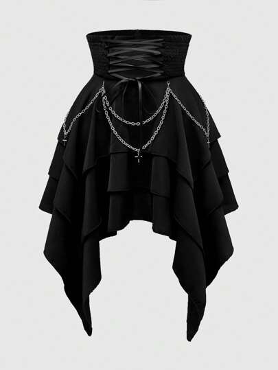Goth Gonna asimmetrica a più strati con catena gotica, stile scuro, Plus Size