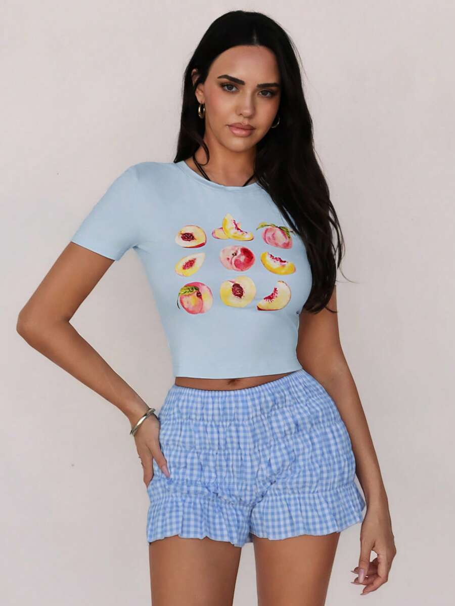 Roylia Women's Cute Fruit Print Round Neck Casual Short Sleeve Relaxed Fit Crop Top, Romantic Fresh Style - Blue - View 1