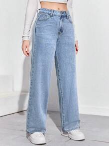 SHEIN Teen Girls' Casual Washed High Waisted Straight Leg Jeans