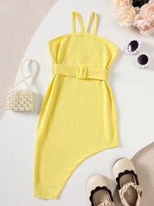 SHEIN Rochie decorativă cu curea și tiv asimetric în culoare solidă pentru fete tinere