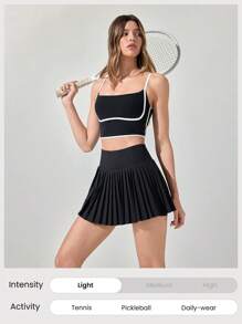 GLOWMODE 褶皱练习轻便速干防摩擦侧袋抗菌裆高腰网眼褶皱裙网球匹克球黄金工作室日常休闲服 - 黑色 - 查看 9