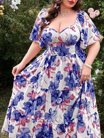 Lyrianda 优雅法式碎花荷叶边下摆V领长裙夏季