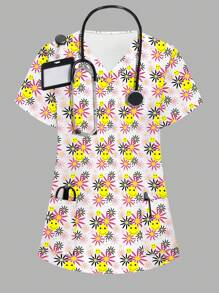 Parte superior de uniforme tipo bata con bolsillo, de manga corta y cuello en V con estampado de dibujos animados para mujeres - Blanco - Ver 1