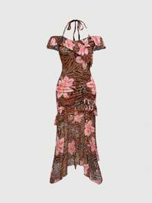 ROMWE J-Fashion 女式复古花卉豹纹网眼鱼尾长裙 - 棕色 - 查看 1