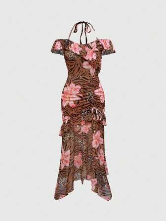 J-Fashion Robe longue vintage pour femmes avec imprimé floral et léopard, en maille, à queue de poisson