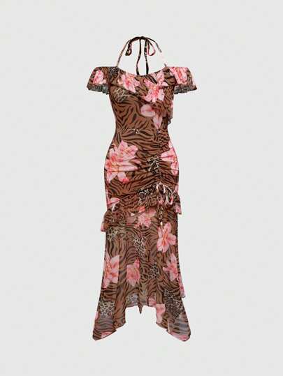 J-Fashion Women's Vintage Floral Leopard Print Mesh Fish Tail Maxi Dress