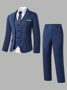 SHEIN 4pcs Set: Casual Navy Blue Blazer, Vest, Shirt And Pants For Teenage Boys, Formal Outfit For Events And Occasions Young Boys Suit Set Young Boys Suits Teen Boys Suits, School, Campus, College Fall Winter - Multicolor - View 3