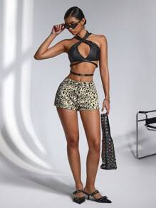 SHEIN ICON Women's Leopard Print Pocket Casual Versatile Denim Shorts - Multicolor - View 5