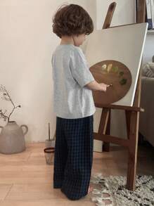 DAZY Toddler Boys Round Neck Solid Color Short Sleeve T-Shirt + Woven Plaid Pants Home Clothes, Spring/Summer - Grey - View 5