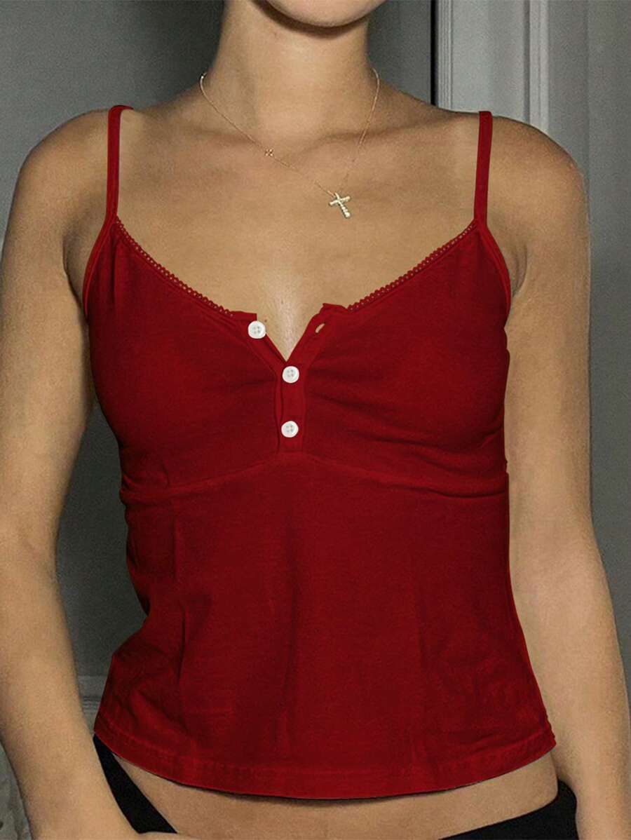 Jouncy 女士柔软芭蕾粉色纯色红色纽扣半襟细肩带简约吊带上衣 - 酒紅色 - 查看 1