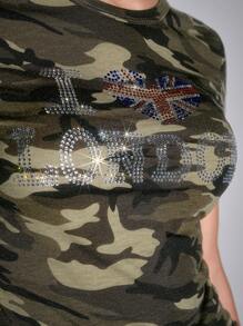 ROMWE J-Fashion T-shirt ajusté pour femmes avec imprimé drapeau patriotique, strass et camouflage, dans le style Y2K baddie