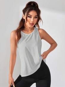 SHEIN Sports Áo ba lỗ thể thao lưng chéo màu trơn cho nữ - Xám - Xem 2