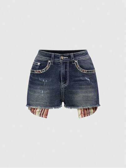 Grunge Punk Women's Summer Casual Striped Patchwork Denim Shorts