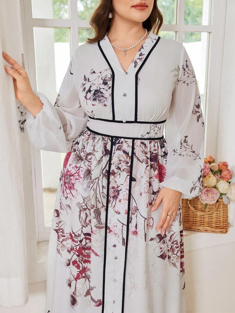 Modelyn Women Plus Size Floral Print V-Neck Lantern Sleeve Elegant Dress - Multicolor - View 1