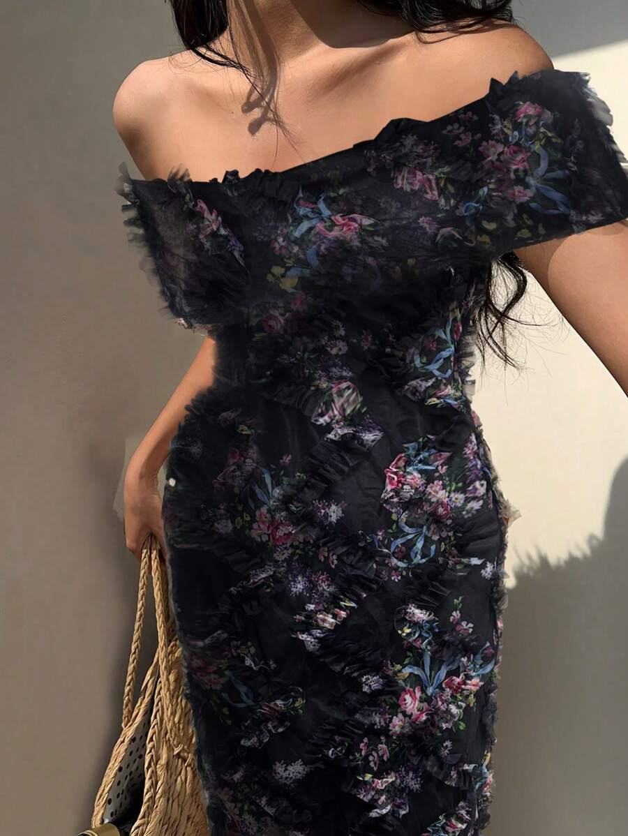 Chiquease Women Random Print Bodycon Mini Dress, Spring/Summer - Black - View 1