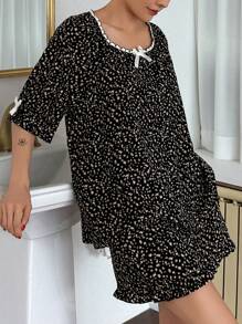 DAZY Conjunto de pijama de mujer con estampado floral diminuto y con ribete de encaje
