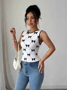 Elenzga Elegant Sexy Hollow Bowknot Camisole, Backless Design, Suitable For Graduation, Independence Day, Casual & Work - Black and White - View 4