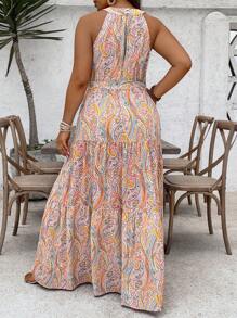 SHEIN VCAY Plus Size Paisley Print Ruffle Hem Belted Halter Dress, Mother Day Outfit, Vacation Outfits Woman, Rave Outfit, Western Wear Women Plus,Maxi Dress - Multicolor - View 2