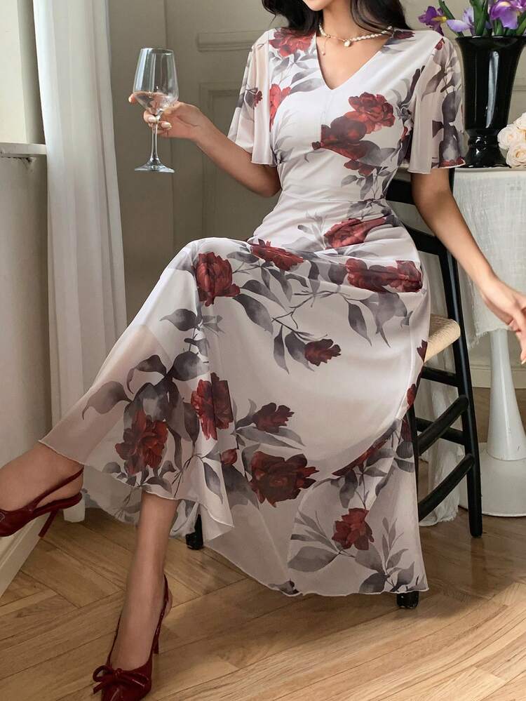 Women's Summer Print V-Neck Ruffle Sleeve Waist Cinched Mid-Length Dress Floral