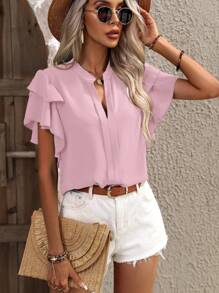 SHEIN Clasi Women's Solid Color V-Neck Ruffle Sleeve Casual Shirt - Pink - View 5