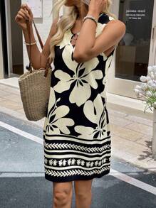 SHEIN LUNE 1pc Women's Casual Sleeveless Patterned Short Vacation Dress Summer Outfits For Women Summer Dresses For Women Vacation Outfits Woman Vacation Outfits Women Vacation Dress Boho Women's Clothing Dresses For Women Strapless Dress,Shirt Dresses For Women,Bohemian Clothes