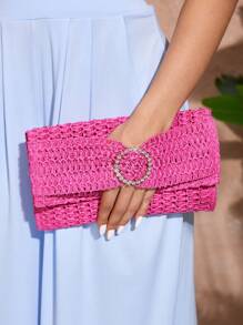 SHEIN SXY Ladies, Women Clutchs, Straw Bag, Tassels, Fashionable, Elegant, Simple, Personalized, Versatile, For Beach, Vacation, Holiday, Summer, Seaside Straw Woven Bag - Hot Pink - View 1