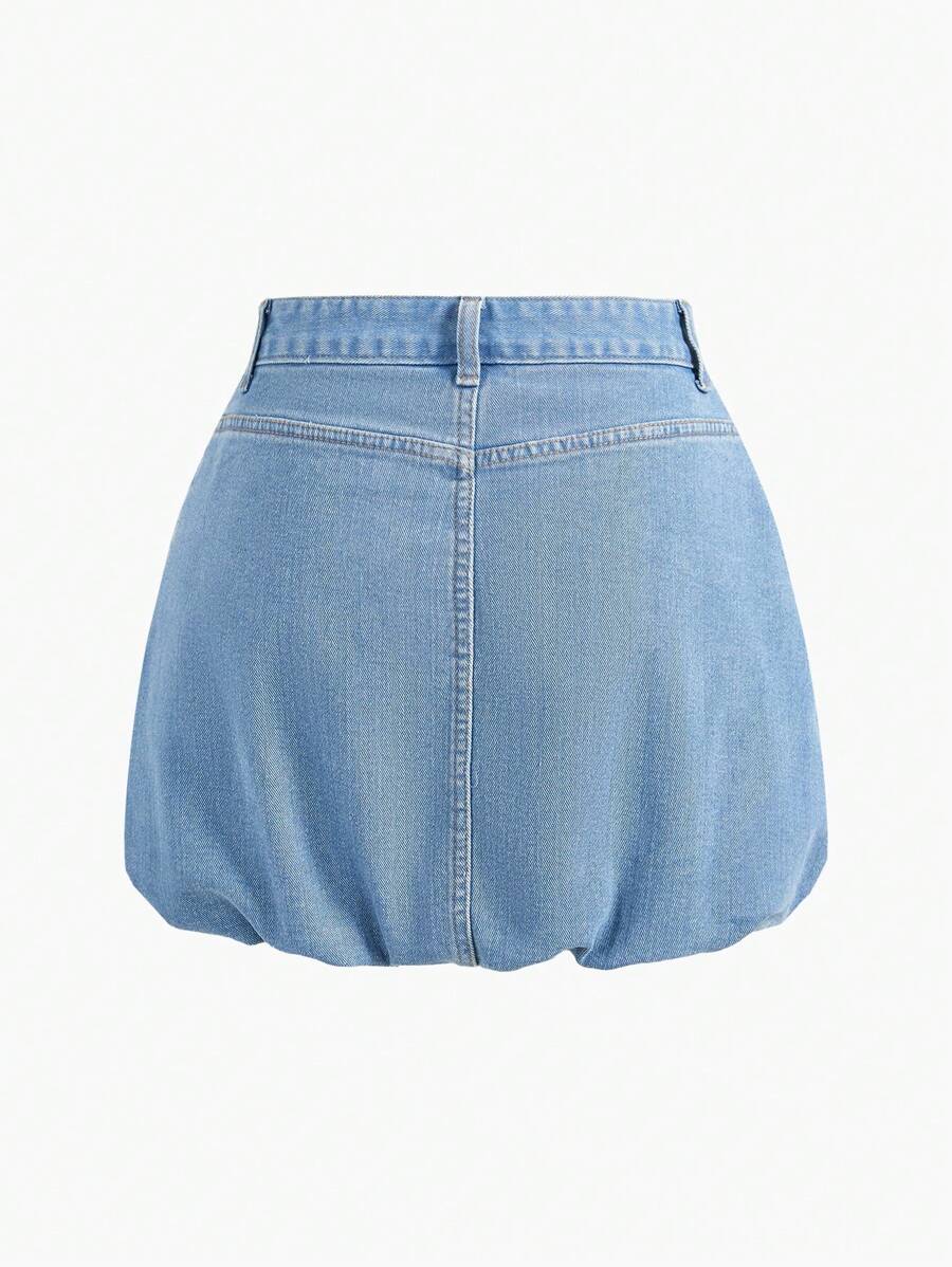 MOTF STUDIO SLANT POCKET PUFFBALL DENIM SKIRT - Medium Wash - View 2