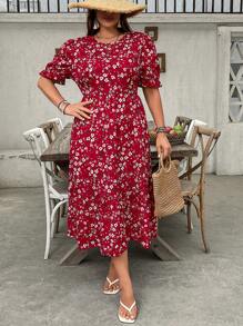 SHEIN VCAY 大码女式碎花泡泡短袖优雅度假迷你连衣裙