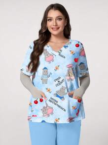 Plus Size Women Letter & Cartoon Print V-Neck Short Sleeve Pocket Nursing Scrubs Top - Blue - View 1