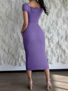 INAWLY Đầm hở vai gợi cảm ôm vừa vặn mùa hè cho nữ - Màu tím hoa cà - Xem 2