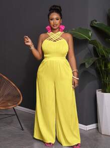 Slaydiva Plus Size Women's Elegant Criss-Cross Front Jacquard Jumpsuit, Suitable For Casual Commute And Vacation