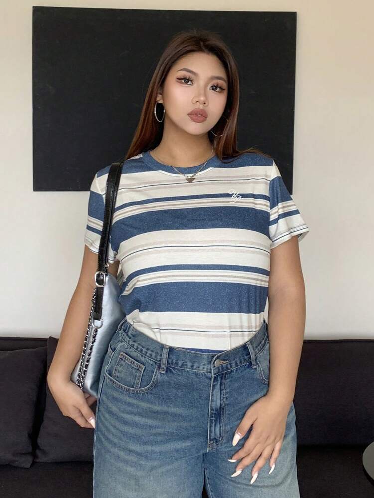 Plus Size Round Neck Fitted Striped Short Sleeve T-Shirt With Letter Embroidery,Crop Tops Women