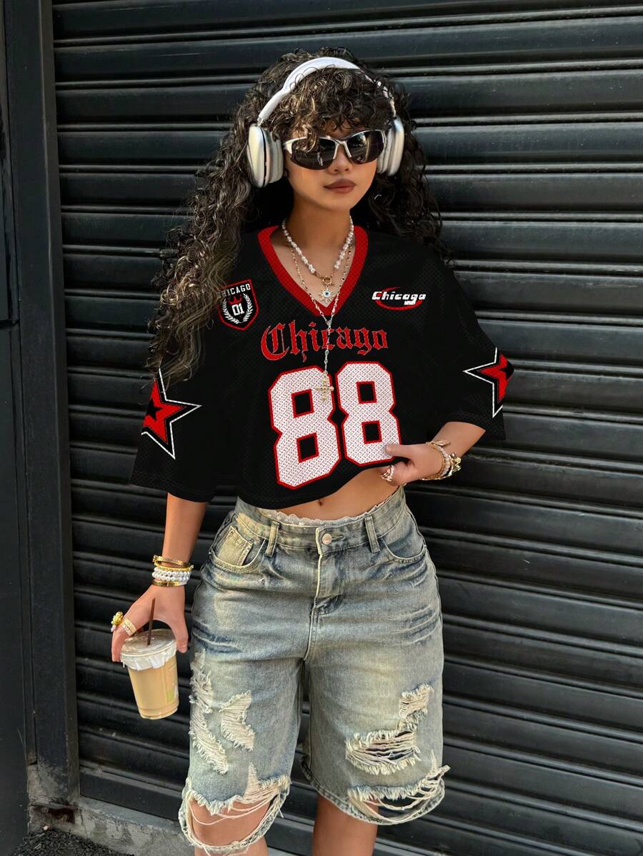 SHEIN EZwear Women V-Neck Loose Cropped 5/8 Sleeve Mesh T-Shirt, Suitable For Summer Sports, With Chicago, Number 88, And Star Prints,Vintage Back To School Chic - Multicolor - View 1