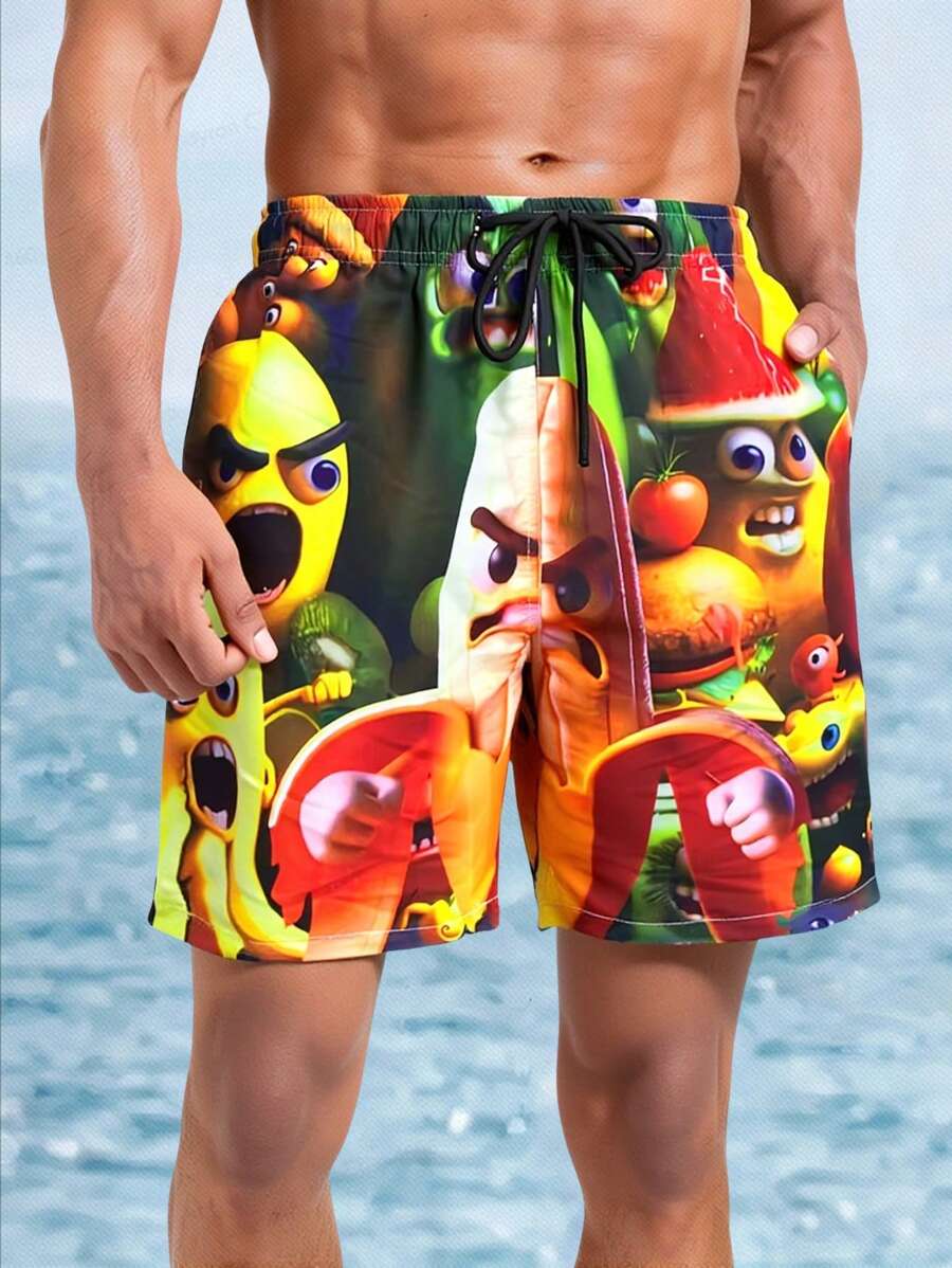 Manfinity Swimmode Men's Cartoon Print Drawstring Waist Pockets Casual Beach Shorts Men Swim Trunks Casual Outdoor Beach Shorts - Multicolor - View 1