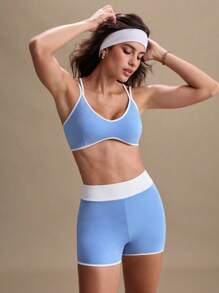 SHEIN Sovereign Charm 女士吊带背心和短裤运动服套装，适合日常健身 - 藍色 - 查看 6
